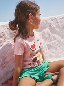 Meisjes Fruitprint 100% Katoen T-Shirt Korte Mouwen Ronde Hals Zomer Casual Zacht Ademend Roze Top Kinderkleding