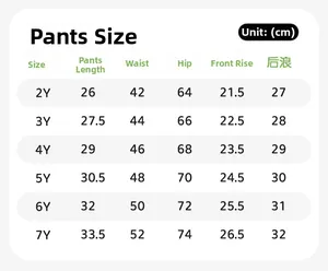 Guide des tailles détaillé pour ensemble short fille avec motif papillon, 2Y à 7Y