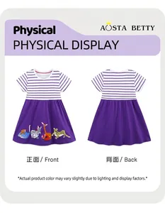 Vue avant et arrière de la robe violette à rayures pour filles avec broderie animale
