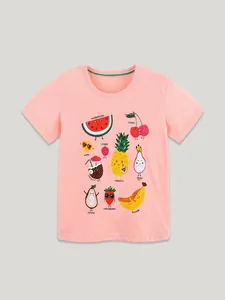 Roze katoenen meisjes T-shirt met vrolijke fruitprint en Engelse namen erop