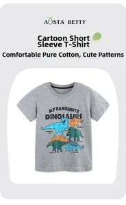 Détail du t-shirt gris en coton pour garçon avec imprimé dinosaure et col rond noir bordé
