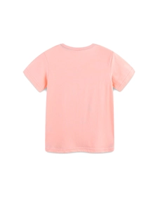Achteraanzicht van roze katoenen T-shirt voor meisjes met een klassieke ronde halslijn