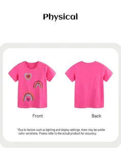 Front and back view of girls pink cotton T-shirt with rainbow and heart embroidery