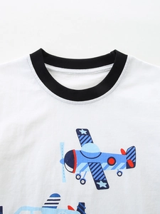 T-shirt blanc en coton pour garçon avec col rond noir et imprimé avion bleu