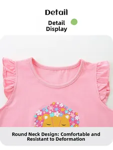 Detail of pink cotton girl's top featuring a crew neck and ruffled flutter sleeves