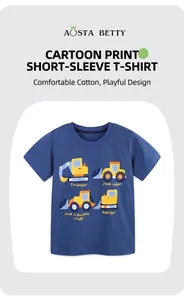 Detail view of soft cotton kids t-shirt showing yellow construction vehicle prints