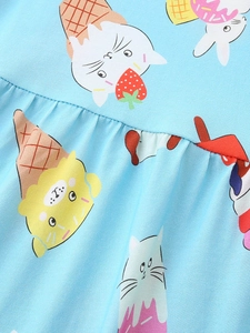 Robe fille bleu ciel avec imprimé chat dessin animé glace et texture tricotée