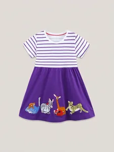 Robe de Princesse en Coton pour Fille Rayée Violet Blanc Manches Courtes Robe d'Été avec Broderie d'Animaux Mignons