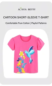 Detail of girls cotton t-shirt featuring hummingbird floral print and puff sleeves