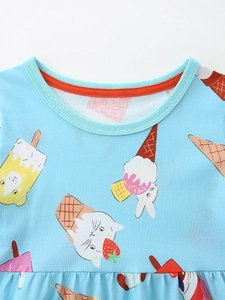 Robe bleu clair pour filles avec imprimés animaux de glace et col rond contrasté