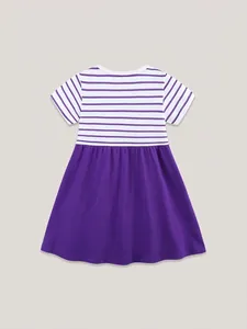 Robe princesse rayée à manches courtes pour filles en coton violet et blanc