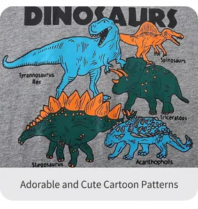 Gros plan sur l'imprimé dinosaure coloré avec noms sur t-shirt gris en coton