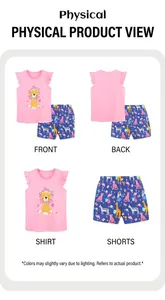 Detail view of pink sleeveless ruffled top with lion print and animal patterned shorts