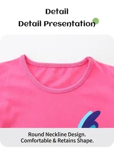 Detail of pink cotton knit T-shirt featuring a durable round neck and soft fabric texture