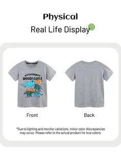 Vue à plat d'un t-shirt gris en coton pour garçon avec motifs de dinosaures colorés