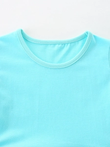 Girls bright blue short-sleeve mesh dress with round neckline and bunny embroidery