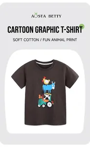Détail d'un t-shirt enfant à manches courtes marron foncé avec imprimé animalier mignon