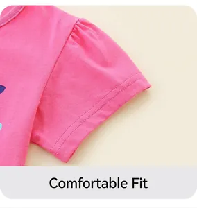 Detail of fitted short sleeve with delicate gathers on pink knitted cotton girl t-shirt