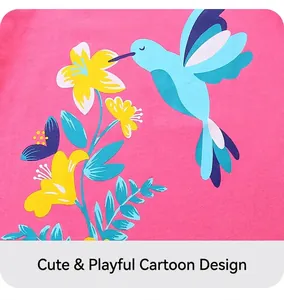 Detailed view of hummingbird and floral cartoon print on a magenta cotton t-shirt fabric