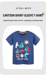Détail d'un t-shirt en coton bleu marine avec imprimé nautique cartoon Fun at Sea