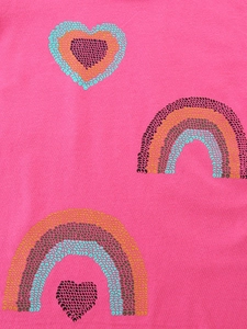 Girls' pink cotton T-shirt featuring colorful heart and rainbow sequin embroidery detail
