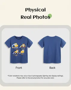 Front and back view of navy blue cotton kids T-shirt with yellow construction truck print