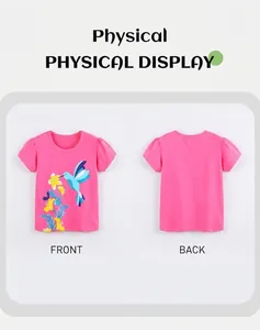 Girl's pink cotton T-shirt featuring colorful hummingbird and floral print details