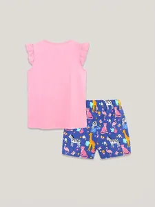 Girls summer cotton set featuring pink ruffle sleeve t-shirt and printed shorts flat lay