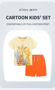 Detail of soft cotton fabric and cartoon animal prints on boy's summer t-shirt and shorts
