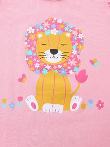 Pink cotton knit girls' t-shirt with cute floral lion print and colorful butterflies
