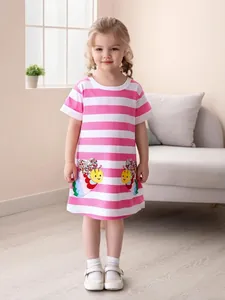 Robe Rayée en Coton d'été pour Filles Mignonne Abeille Papillon de Dessin Animé Brodée Patchwork Princesse Vêtements Décontractés Quotidiens pour Enfants