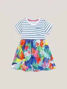 Robe d'été en Coton à Rayures pour Filles Avec Imprimé Vie Marine Thème Mer Manches Courtes Robe de Princesse Décontractée