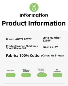 Size chart for 100% cotton boys short sleeve sports set showing quality fabric details
