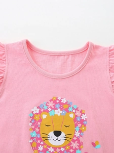 Pink toddler girl cotton T-shirt featuring a cute cartoon lion and floral print details