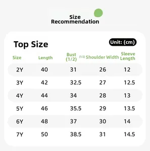 Detailed size chart for boys' knit cotton t-shirt set measuring length and chest from 2Y to 7Y