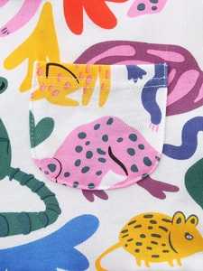 Abito da bambina in cotone a maniche corte con stampe di animali e dettaglio tasca