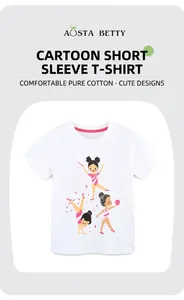 Detailaufnahme von weißem Mädchen-T-Shirt mit Motiven turnender Cartoon-Charaktere