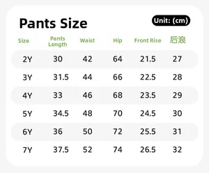 Detailed kids' pants size chart for ages 2 to 7 years with length and waist measurements