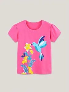 Girls Cotton T-Shirt Hummingbird Floral Print Short Sleeve Puff Sleeve Round Neck Toddler Kids Summer Casual Tee Top