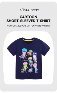 Detail of soft cotton navy blue t-shirt with colorful cartoon jellyfish print for girls