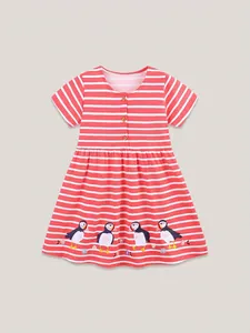 Kleinkind Mädchen Kurzarm Gestreiftes Kleid Baumwolle Prinzessin A-Linie Sommerkleid Mit Tier Puffin Stickerei Holzknöpfe Sommer Kleidung