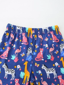 Short sleeve girls cartoon outfit with colorful animals and giraffe patterns in navy blue