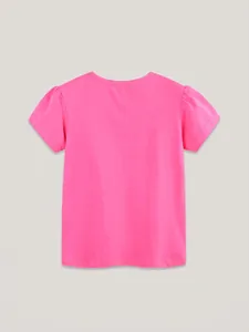 Girls rose pink short sleeve T-shirt with puff sleeves and soft cotton knitted fabric