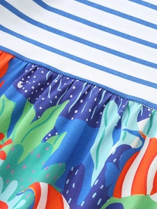 Robe rayée pour fille en coton avec jupe imprimé tropical et détails de plissage
