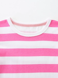 Robe rayée fille col rond en coton rose et blanc avec détails de couture fins