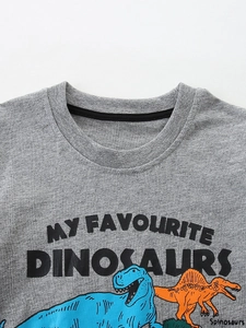 T-shirt gris en coton pour garçons avec imprimé dinosaure élégant et col rond côtelé
