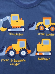 Navy blue kids cotton t-shirt with four yellow construction vehicle prints and names