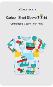 Detail of soft cotton kids t-shirt showing colorful nautical prints with whales and ships