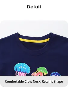 Detail of navy blue girls' T-shirt showing reinforced crew neck and jellyfish print