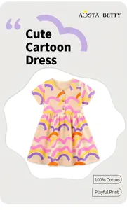 Detail of 100% cotton girls dress featuring colorful wave patterns and wooden buttons